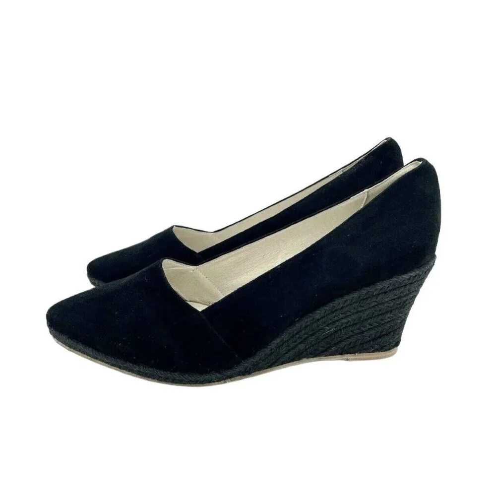 Atelier Mercadal Greta Wedge Espadrilles Black Suede Leather Shoes SZ 41 EU NIB